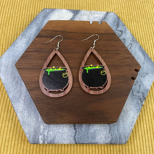 Wooden Teardrop Cutout Earrings - Halloween - Cauldron