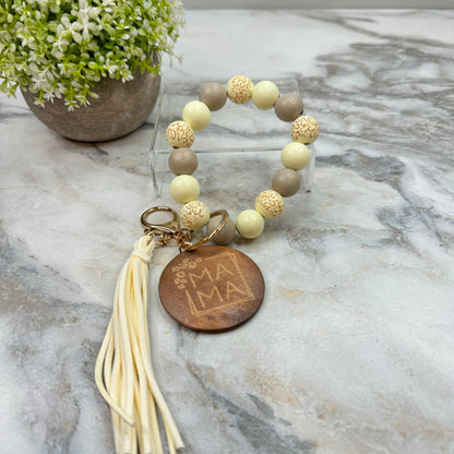 Wooden Bead Bracelet Keychain - Mama - Cream