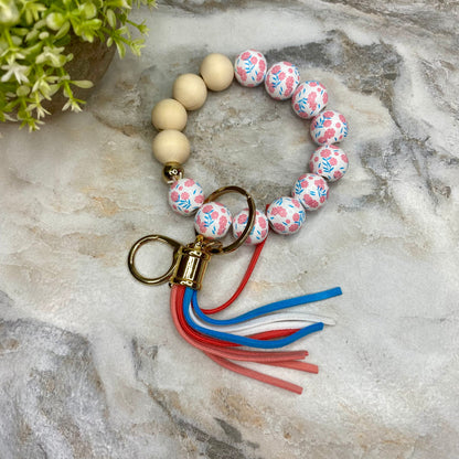 Wood Bracelet with Tassel Keychain - Coral Blue Floral