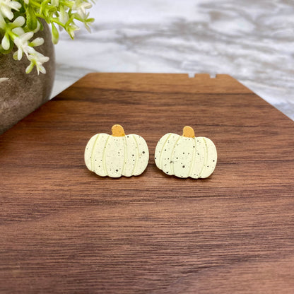 Acrylic Stud Earrings - Halloween - Cream Speckle Pumpkin with Brown Stem