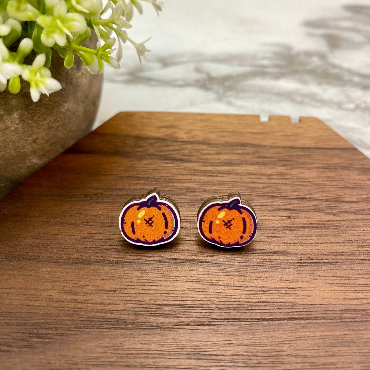 Wooden Stud Earrings - Halloween - Cartoon Pumpkin