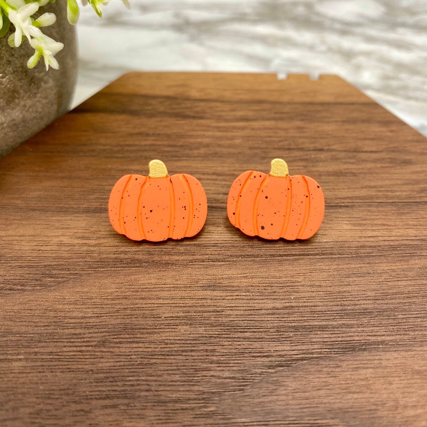 Acrylic Stud Earrings - Halloween - Dark Orange Speckle Pumpkin